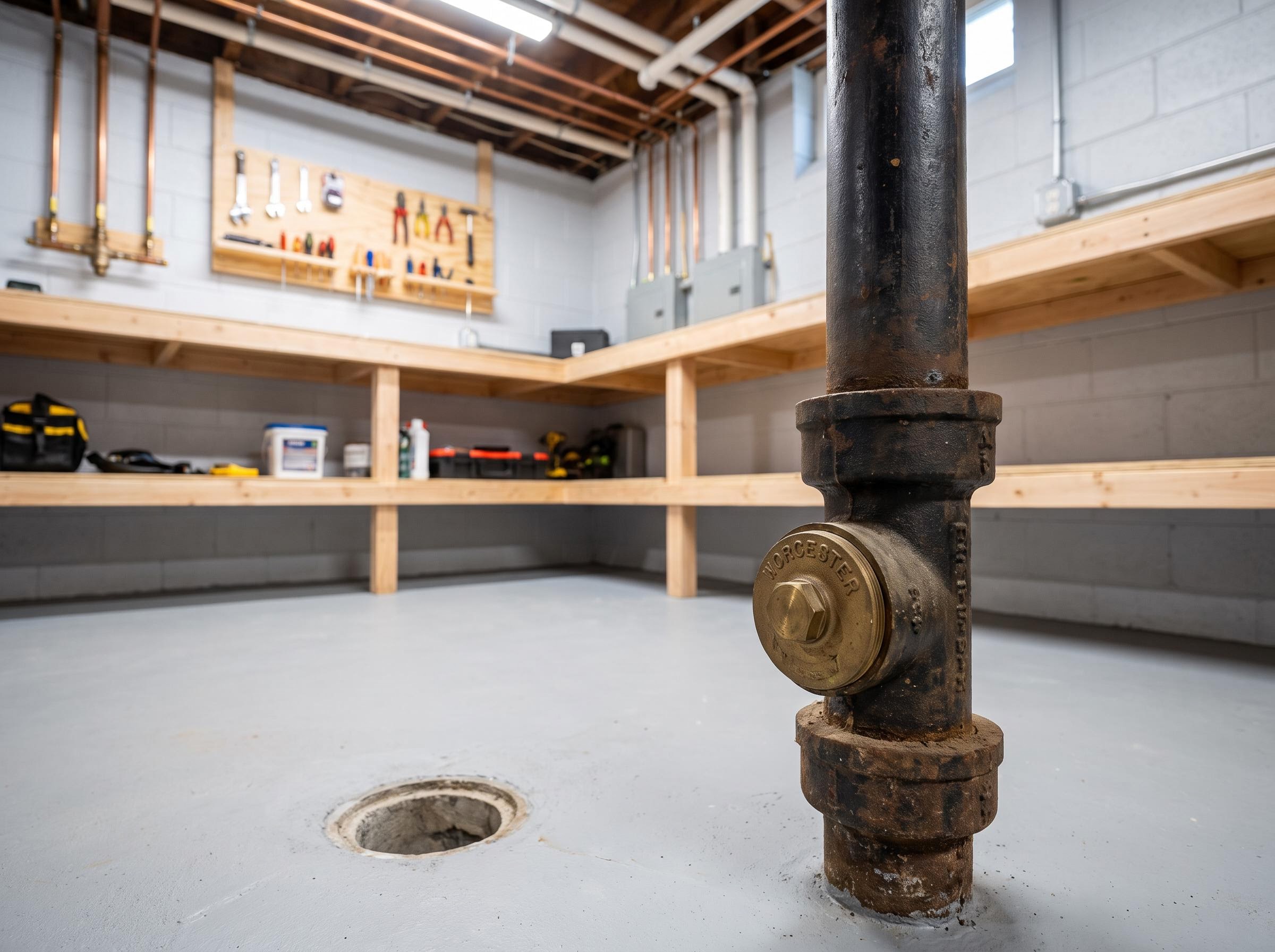 Cast-iron stack and cleanout in a Worcester basement with a floor drain nearby.