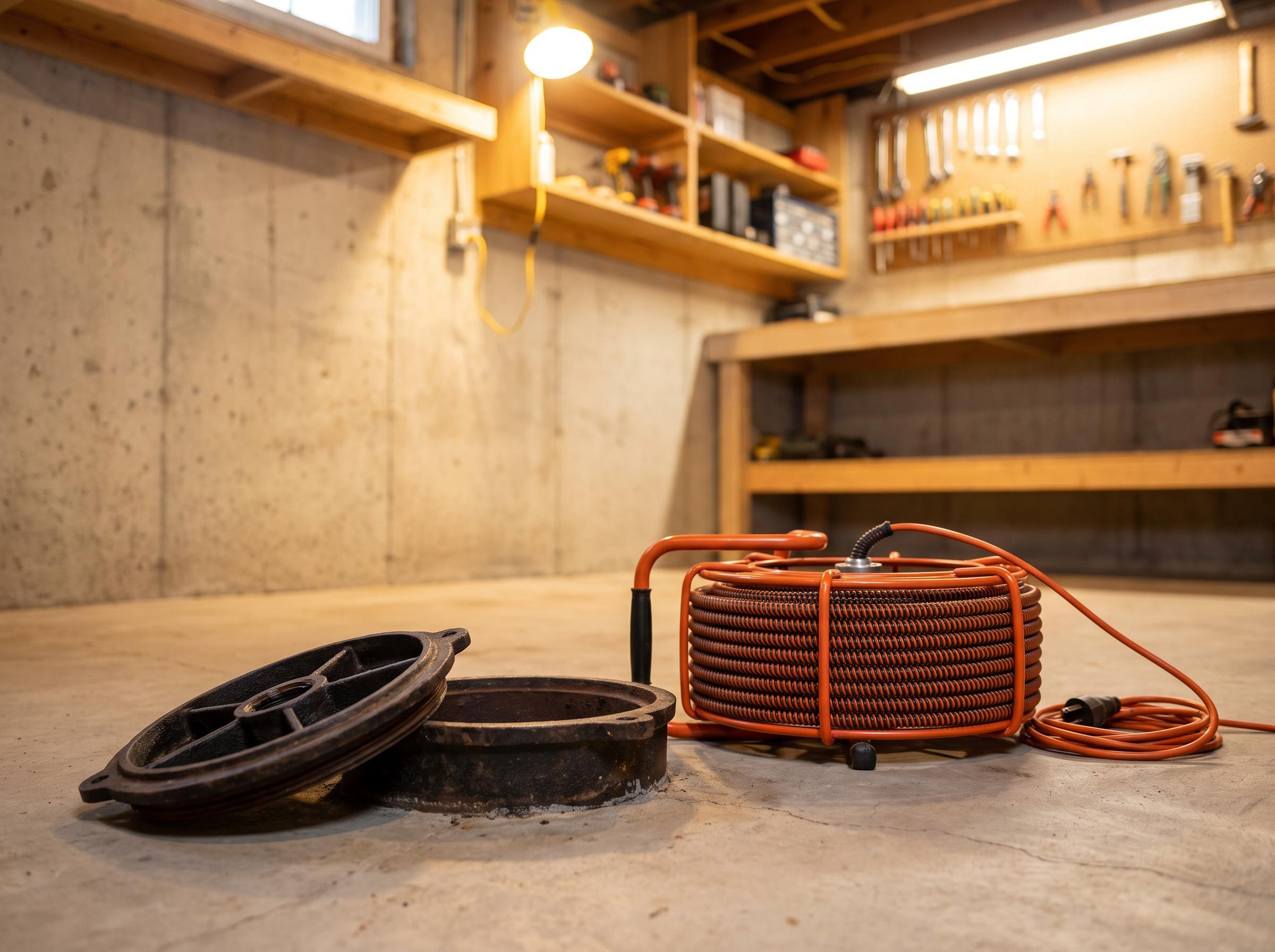 Open cleanout on a basement drain line with cable equipment nearby.