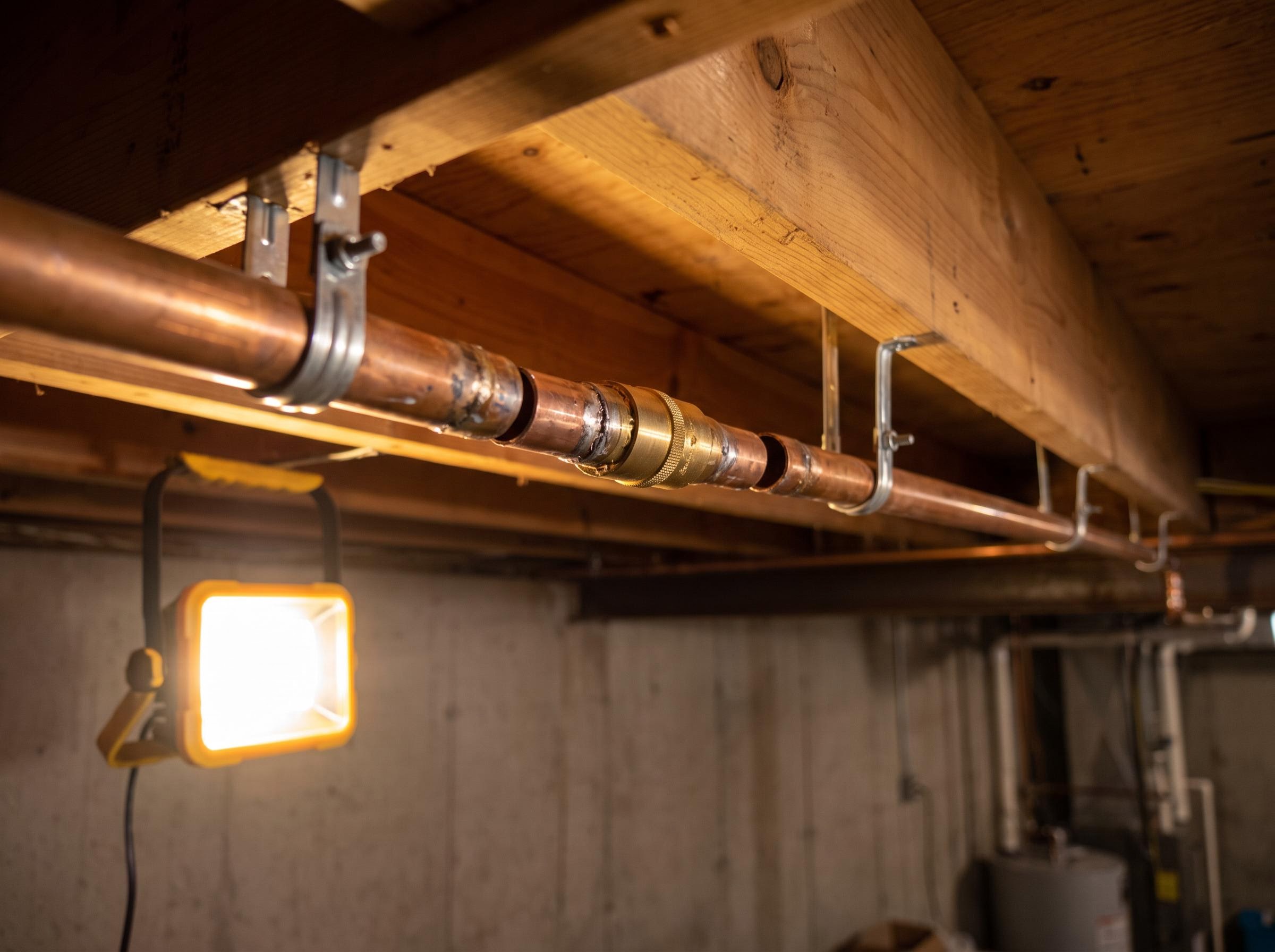 Cut copper supply with a repair coupling on a basement ceiling run.