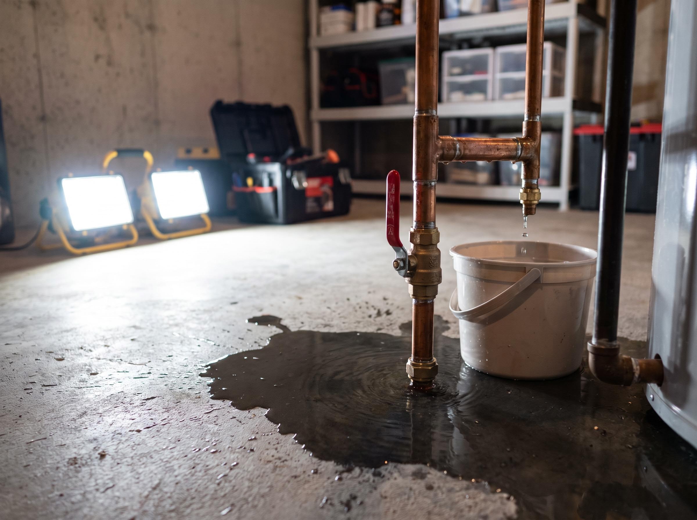 Burst copper supply with shutoff valve in a residential basement