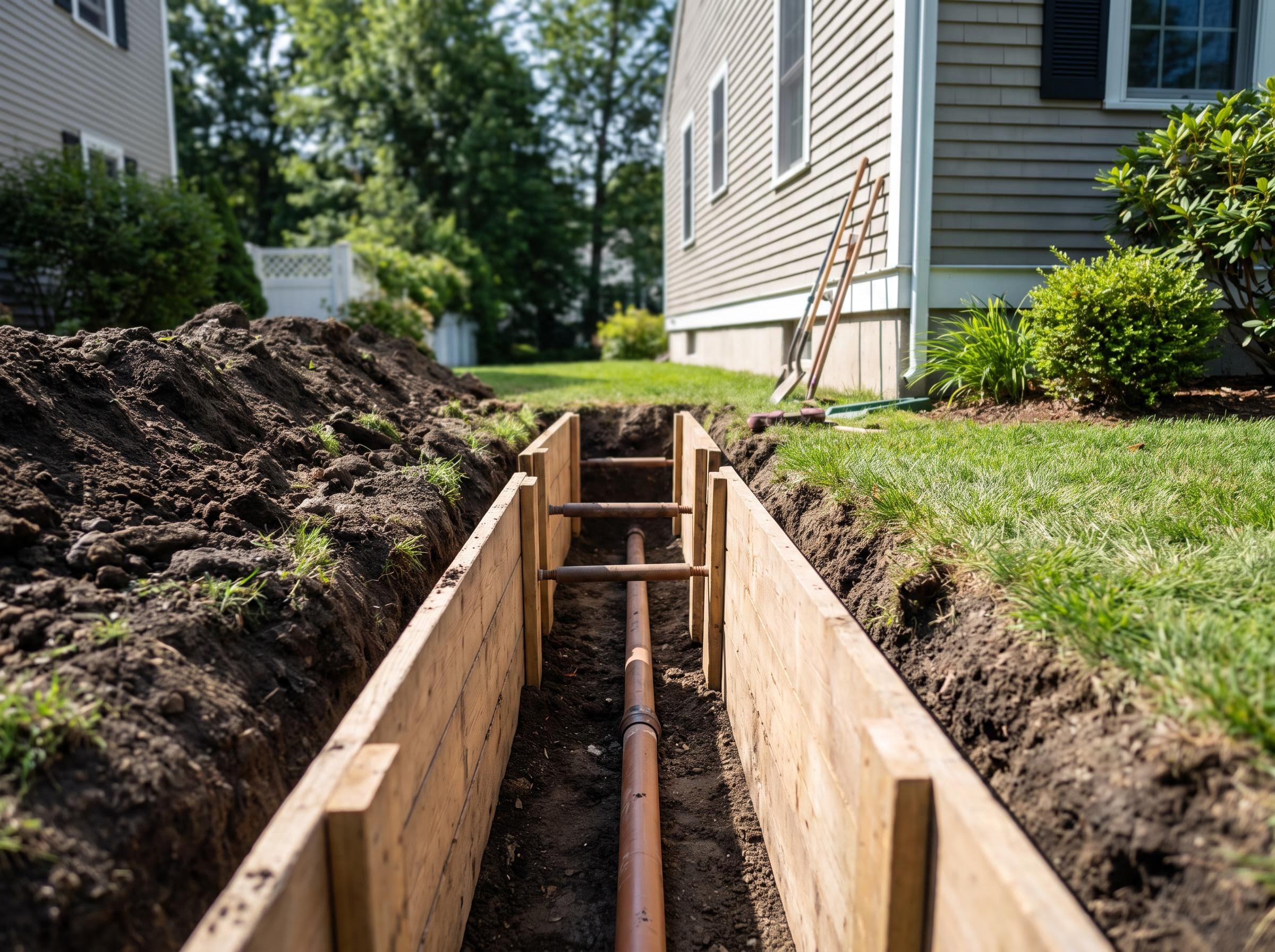 Open trench with sewer pipe and fittings at a residential yard