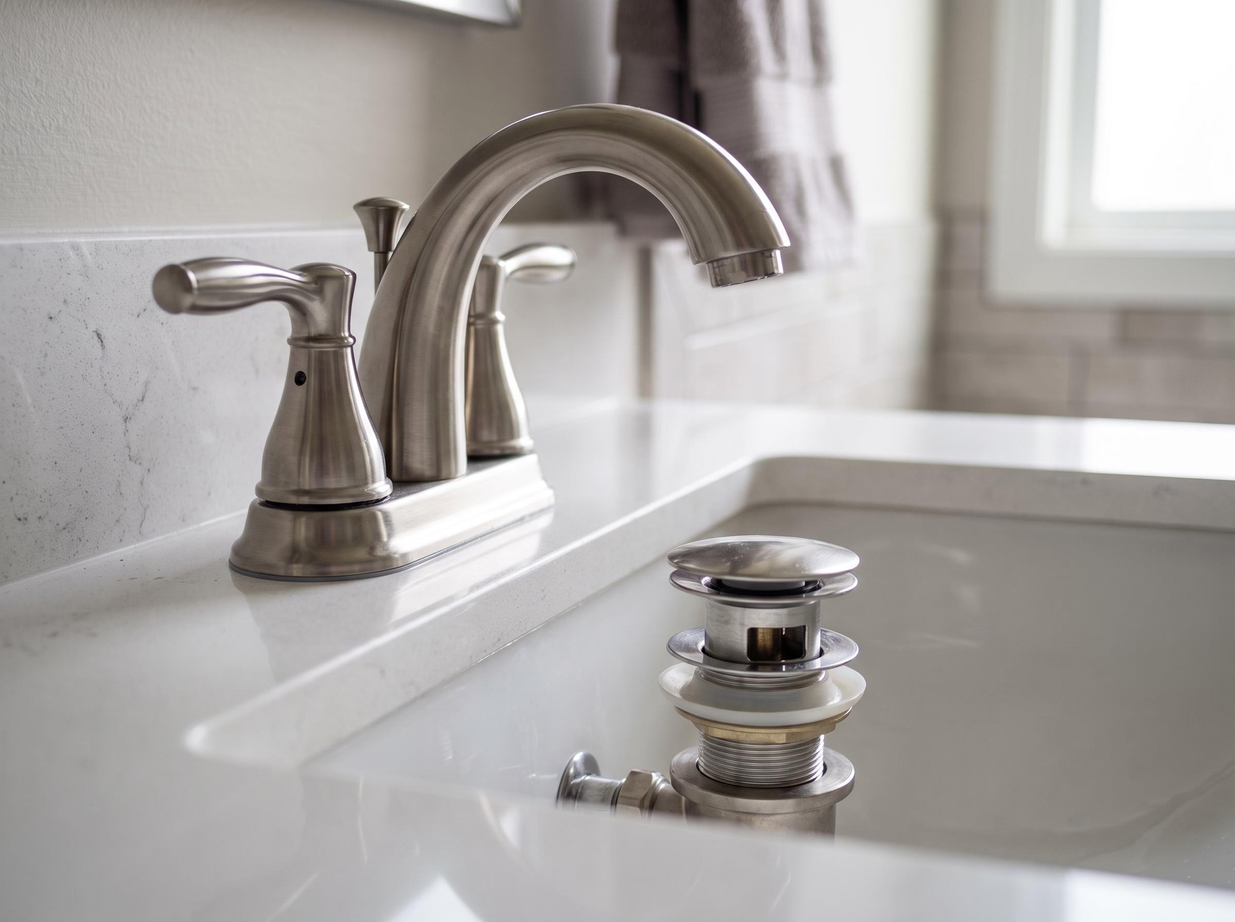 Bathroom centerset faucet on a vanity, pop-up drain connected.