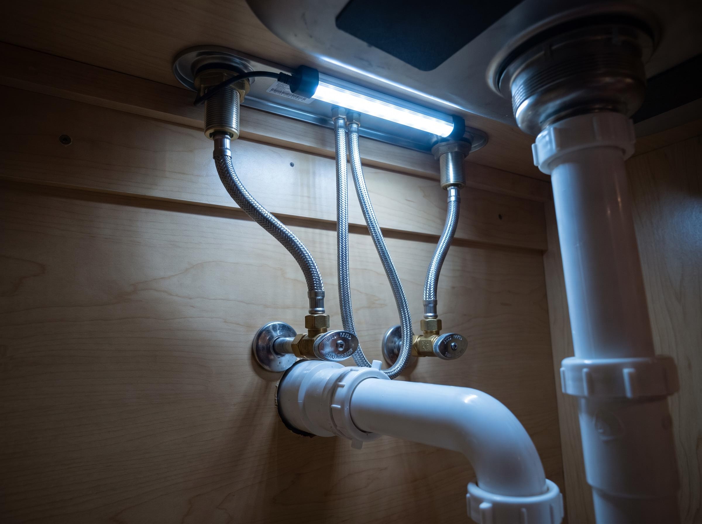 Kitchen faucet from below: supply lines, stops, and deck plate.