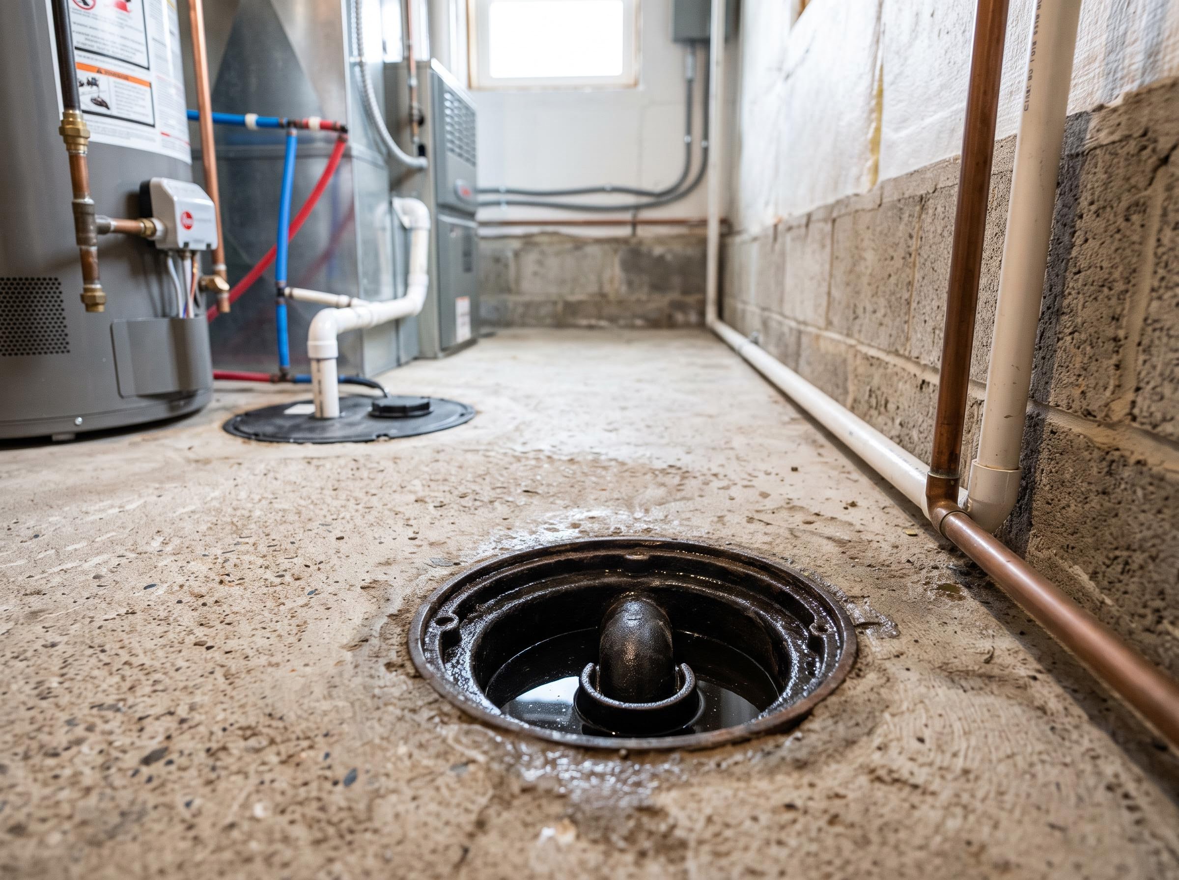 Utility-room floor drain with grate removed, trap visible in the slab.