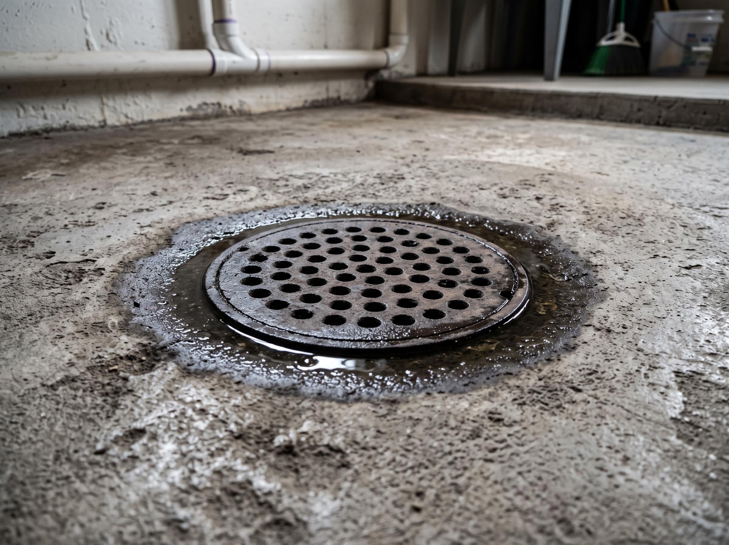 Basement floor drain grate with standing water around the rim.