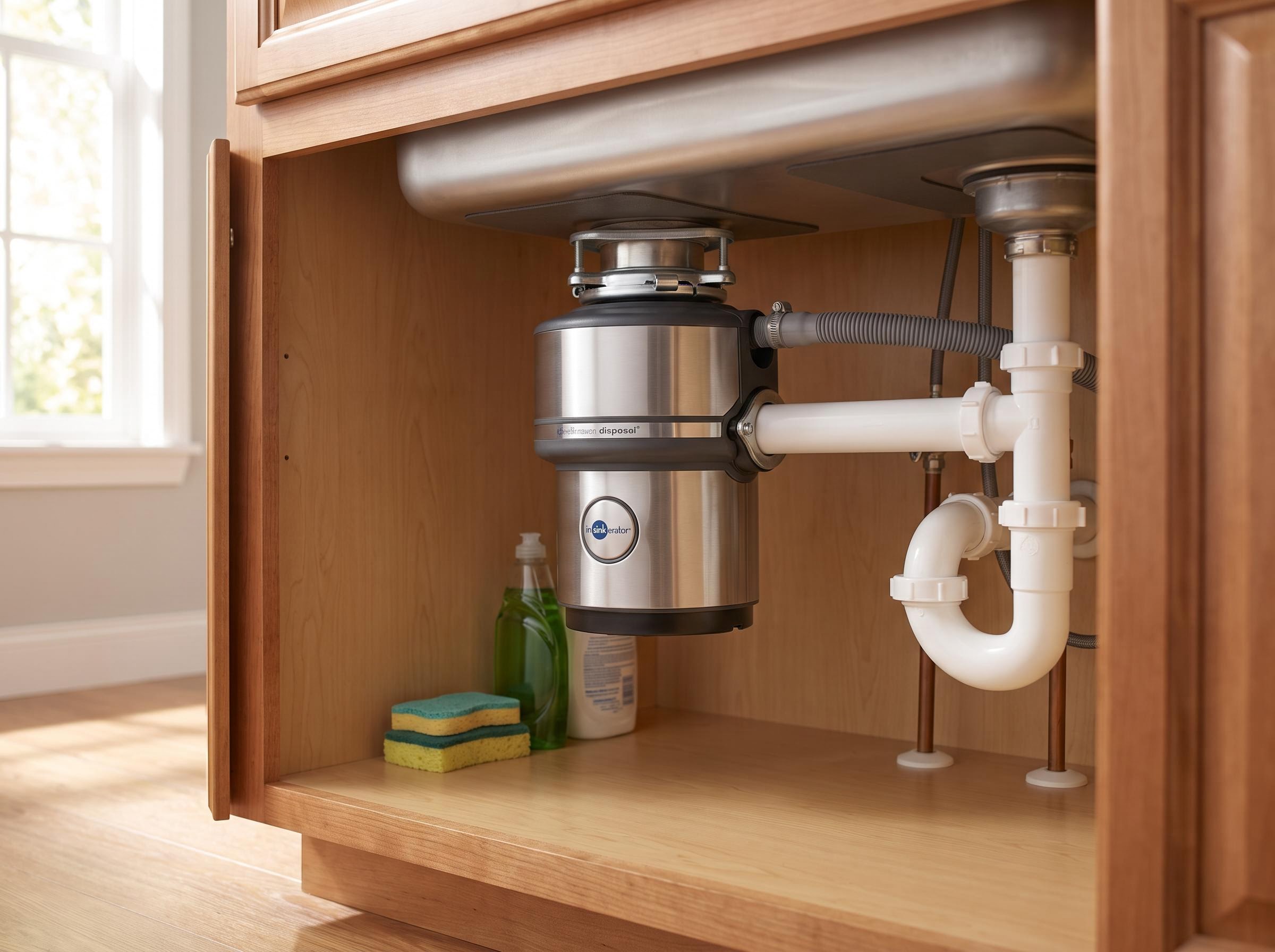 New disposal mounted to a stainless sink with dishwasher hose connected.