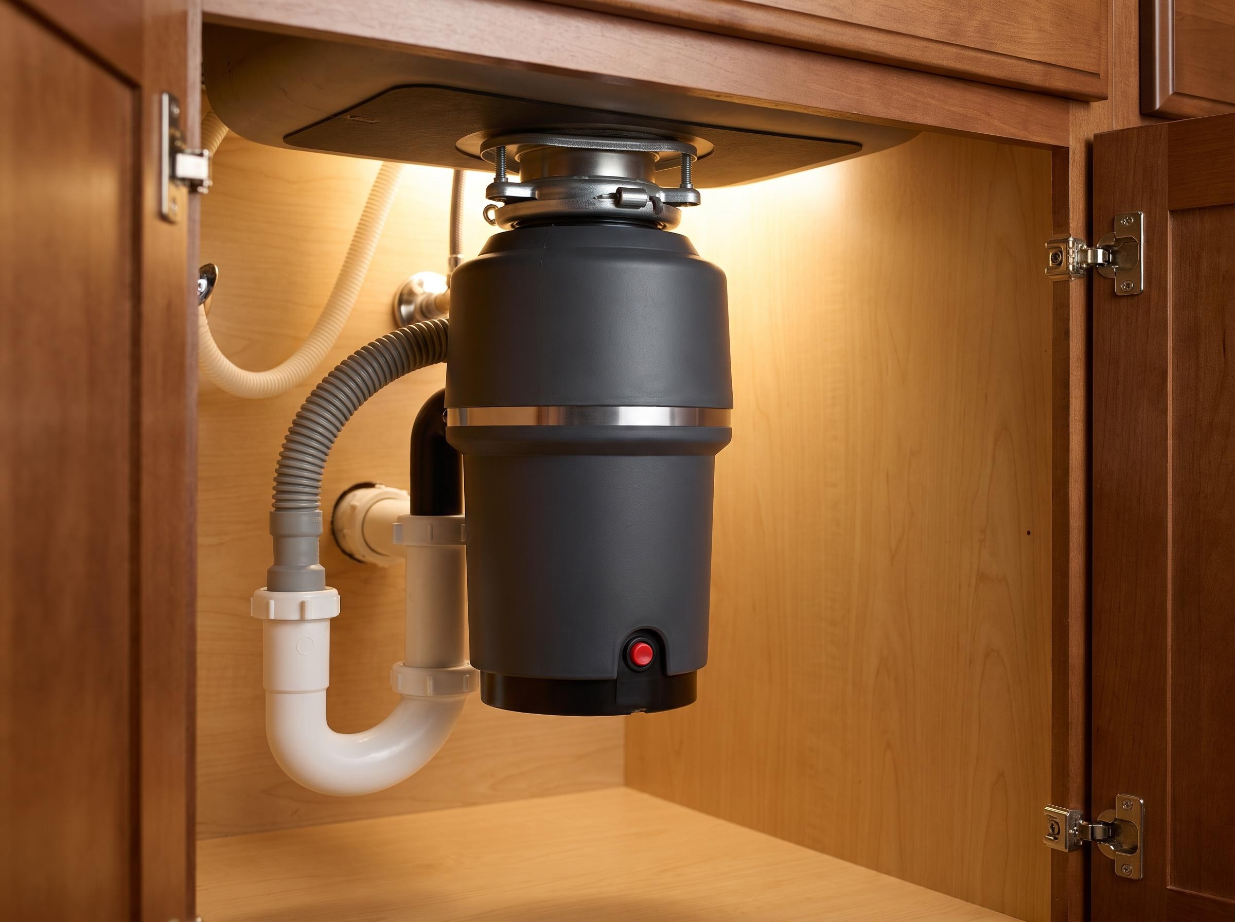 Kitchen sink disposal from below, reset button and dishwasher tailpiece in view.
