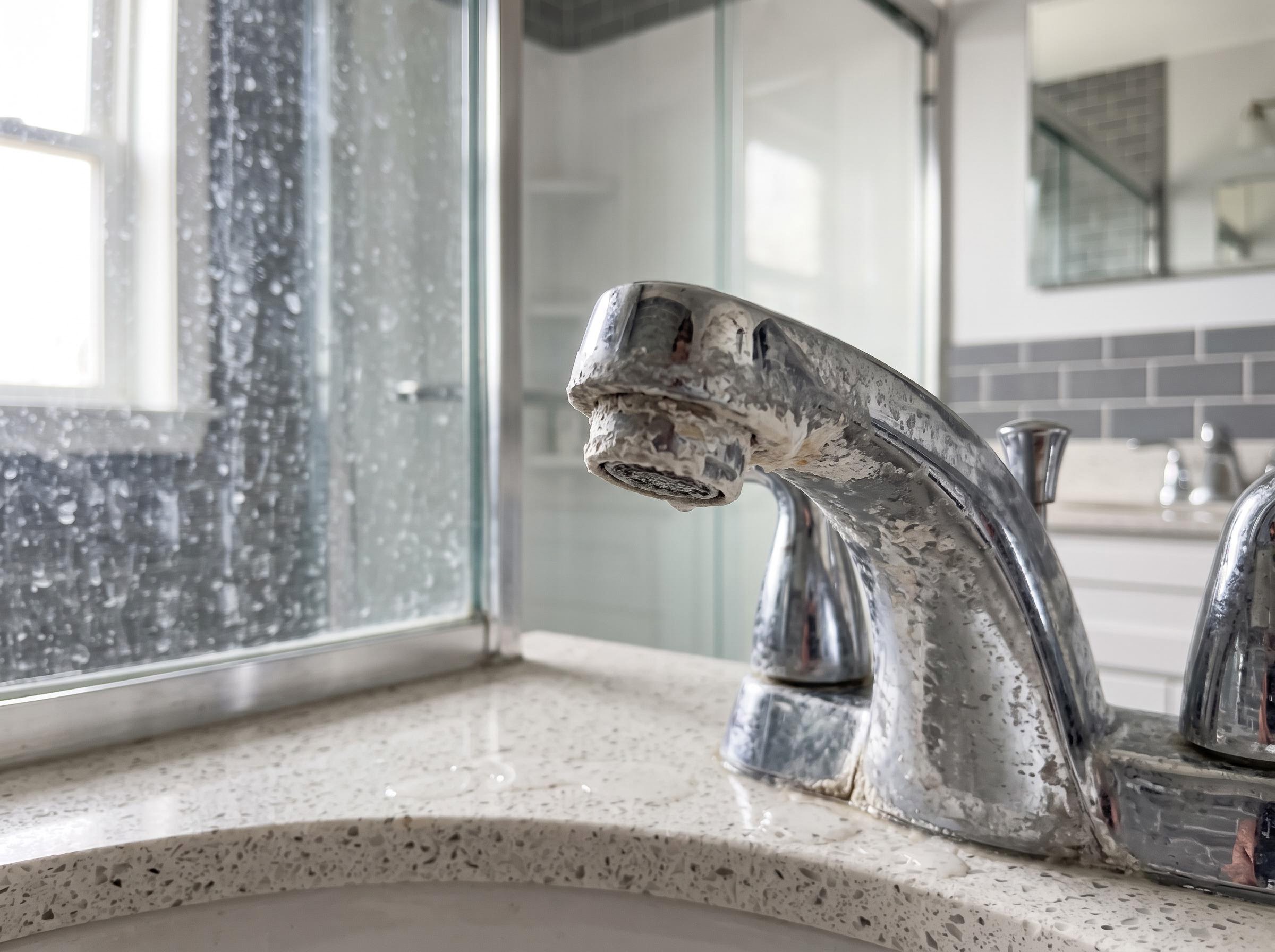 White mineral scale on a bathroom faucet aerator with spotted glass on the vanity.