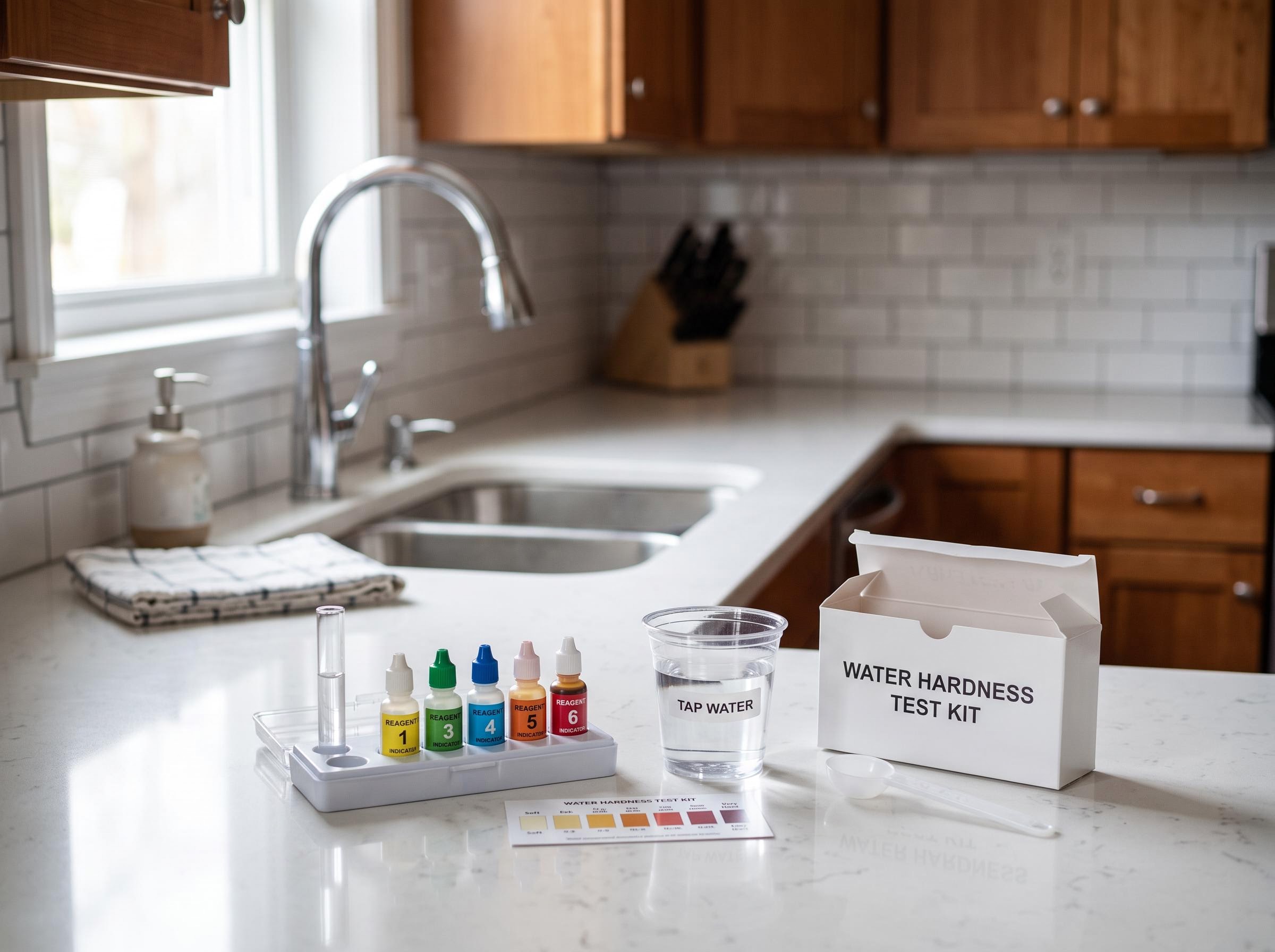 Water-hardness test kit and sample cup on a kitchen counter by a chrome faucet.
