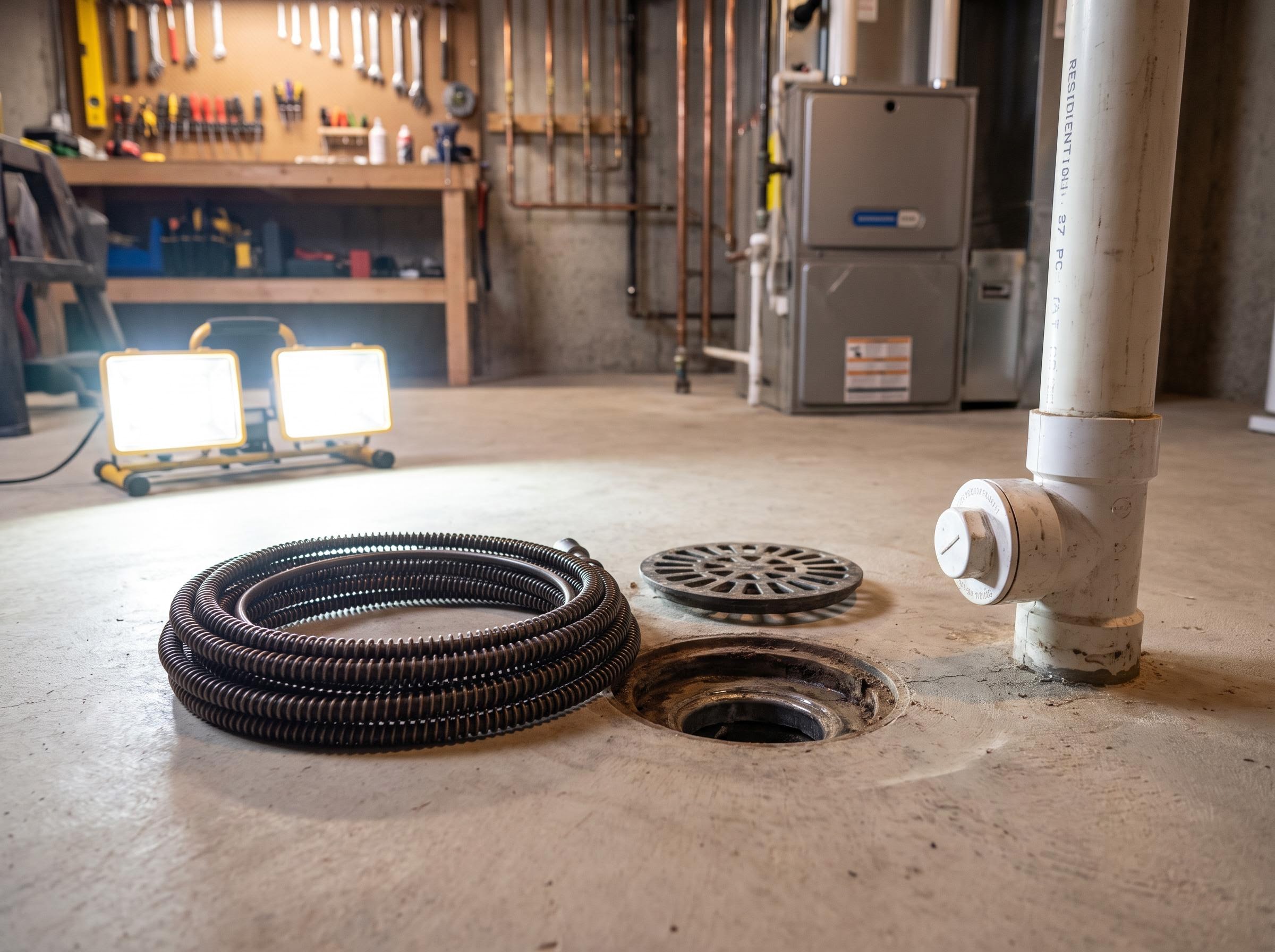 Basement floor drain and drain-cleaning cable on a concrete floor