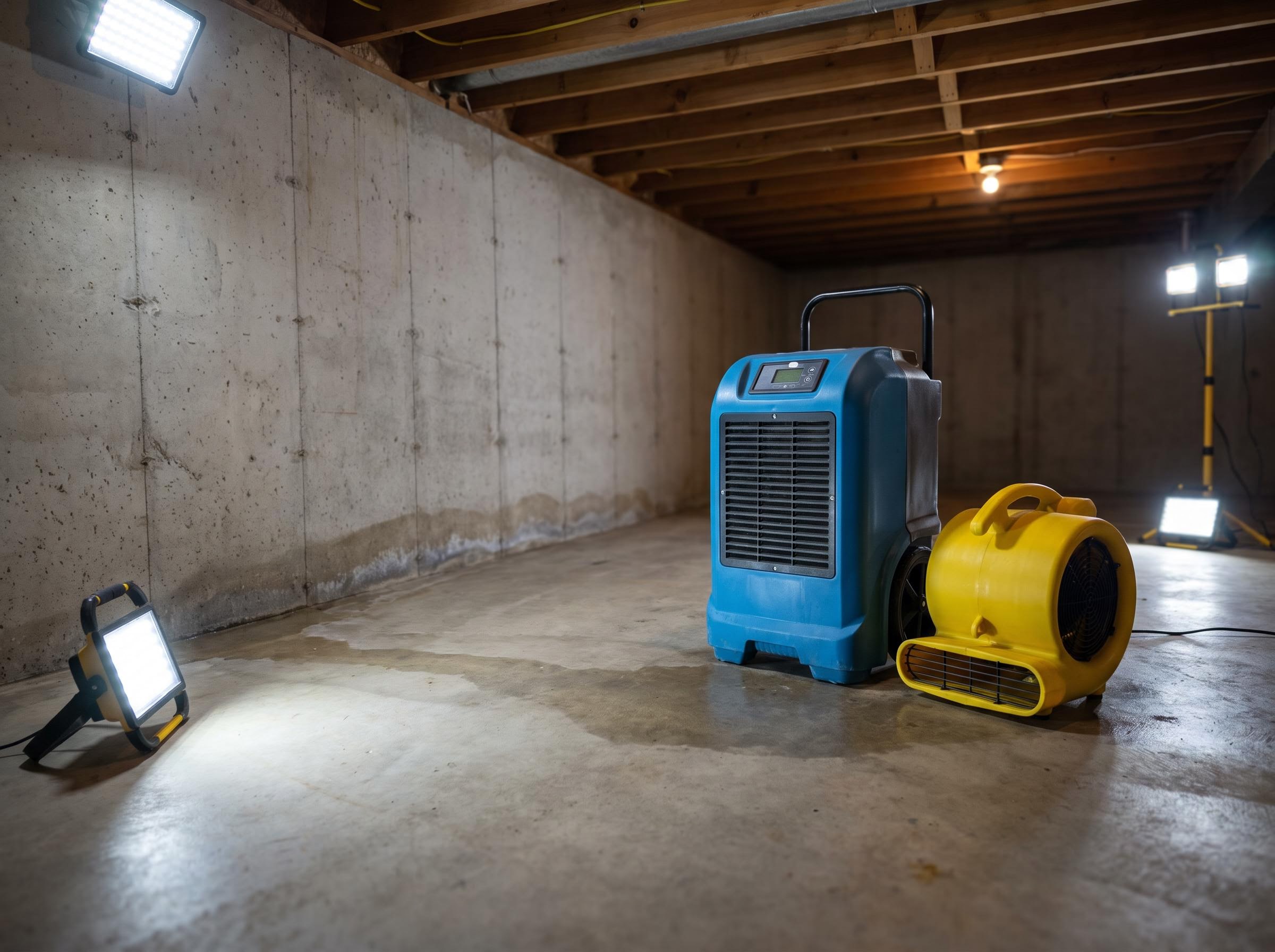 Basement dehumidifier and air mover on a concrete floor after water removal