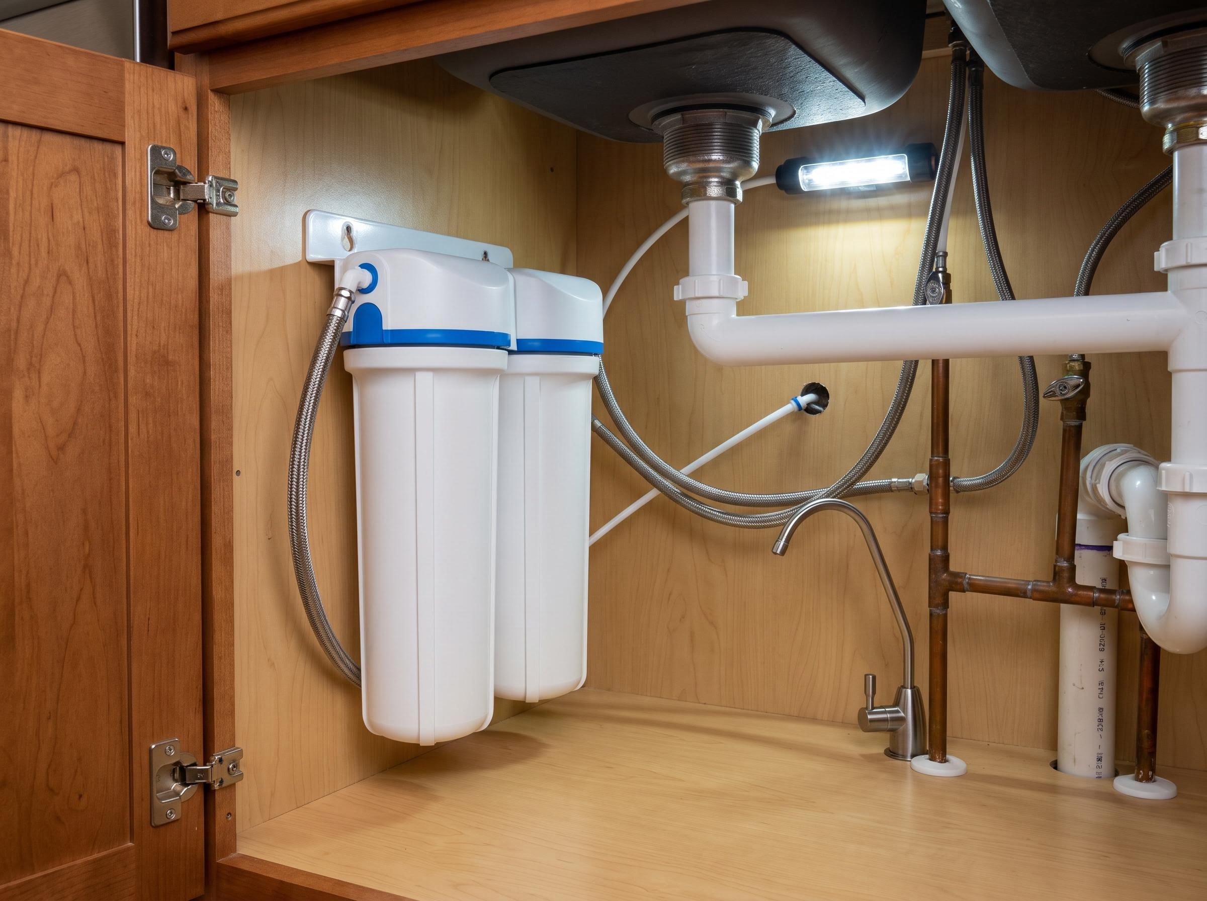 Under-sink water filter canisters and supply lines in a kitchen cabinet