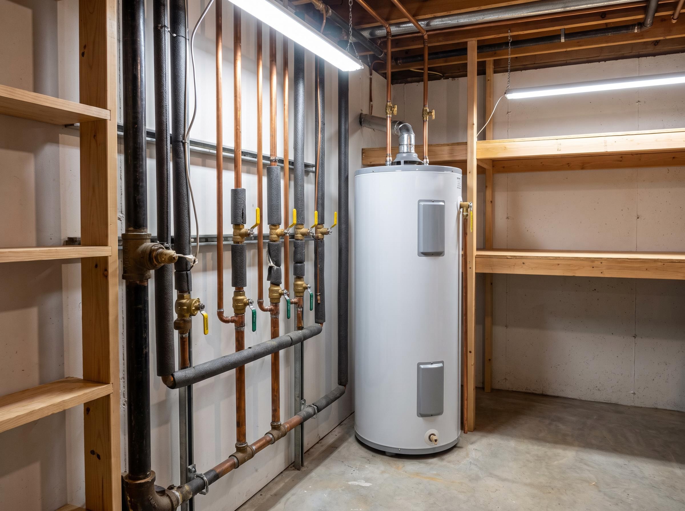 Basement mechanical room with water heater, boiler piping, and shutoff valves
