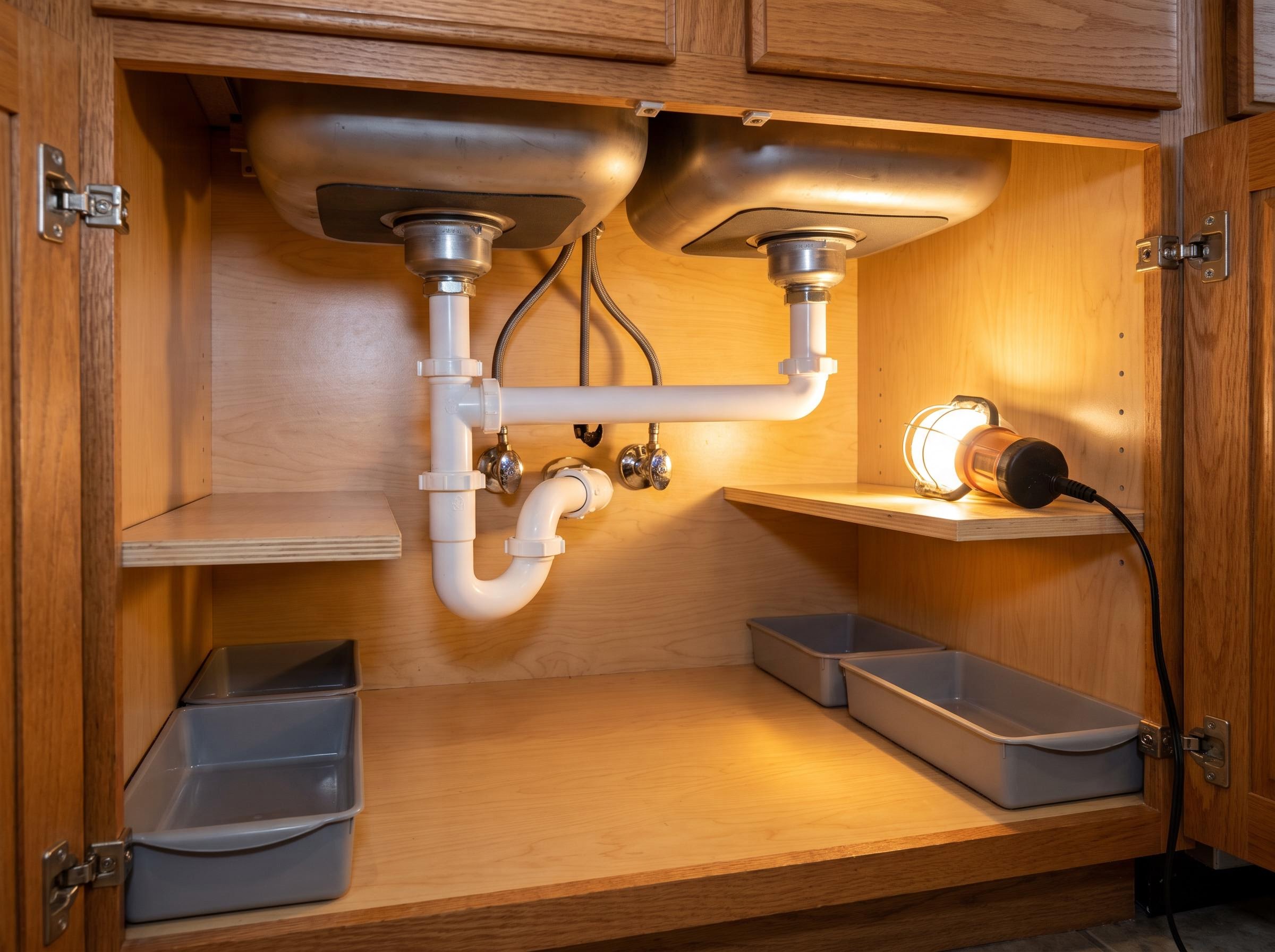 Kitchen sink plumbing with supply stops and trap under a cabinet