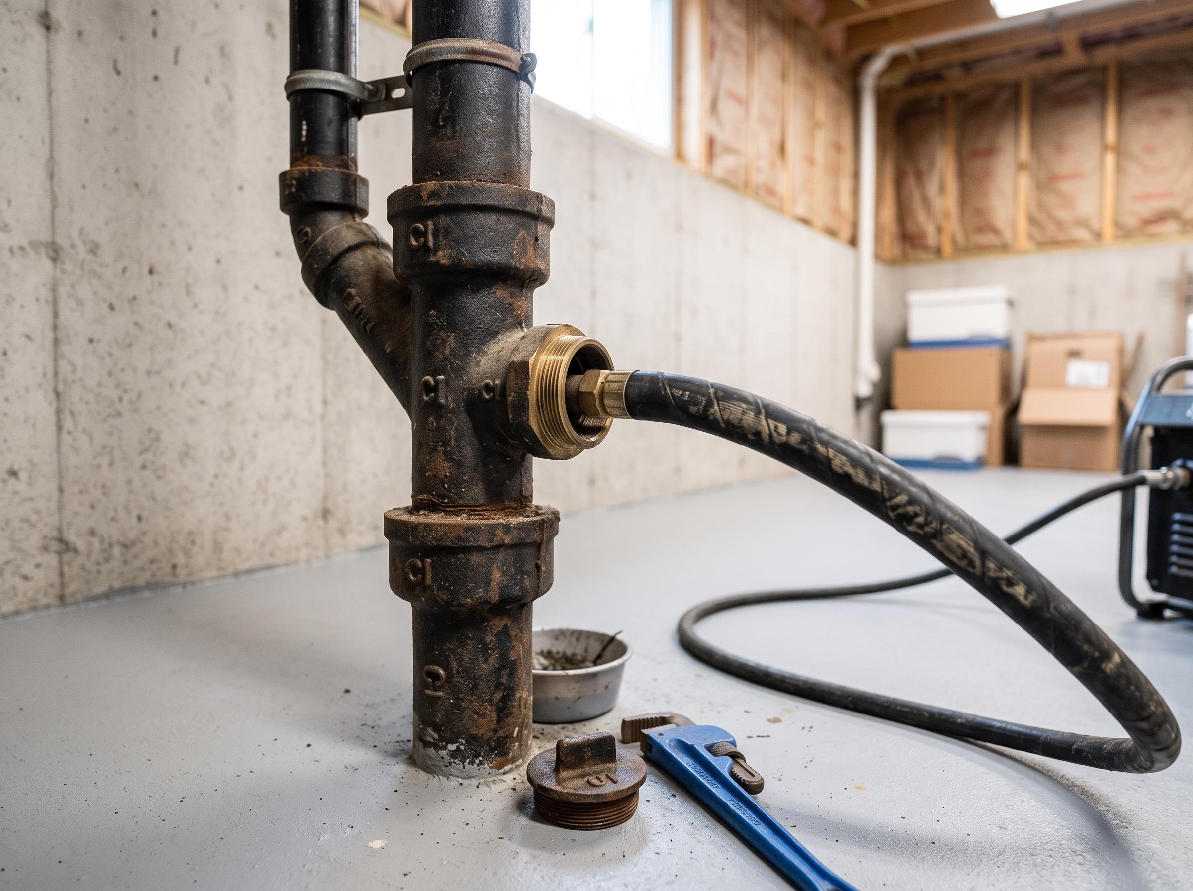Jetter hose entering a basement cleanout on a cast-iron drain stack.