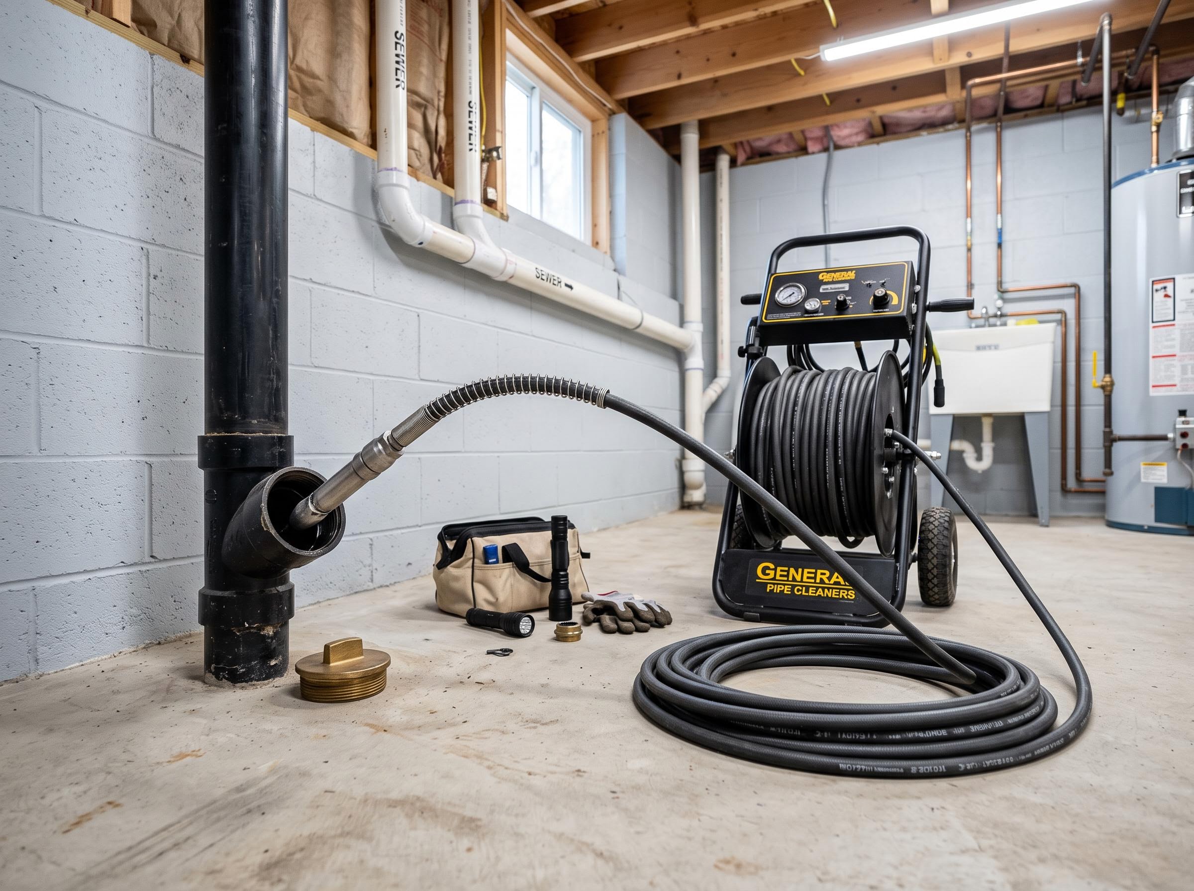 Hydro-jet hose and nozzle staged at a residential sewer cleanout.