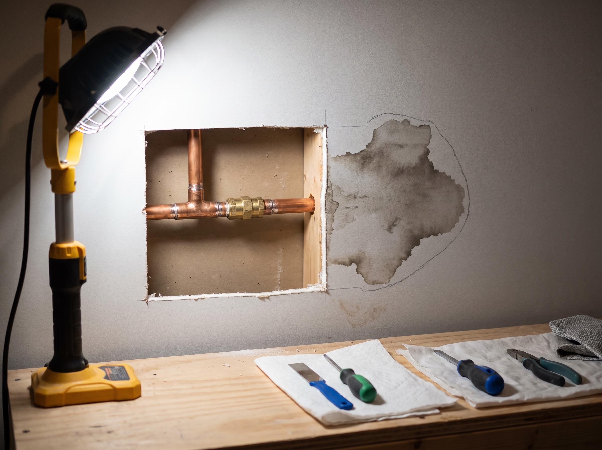 Opened wall cavity showing a repaired copper branch with a wet stain mapped.