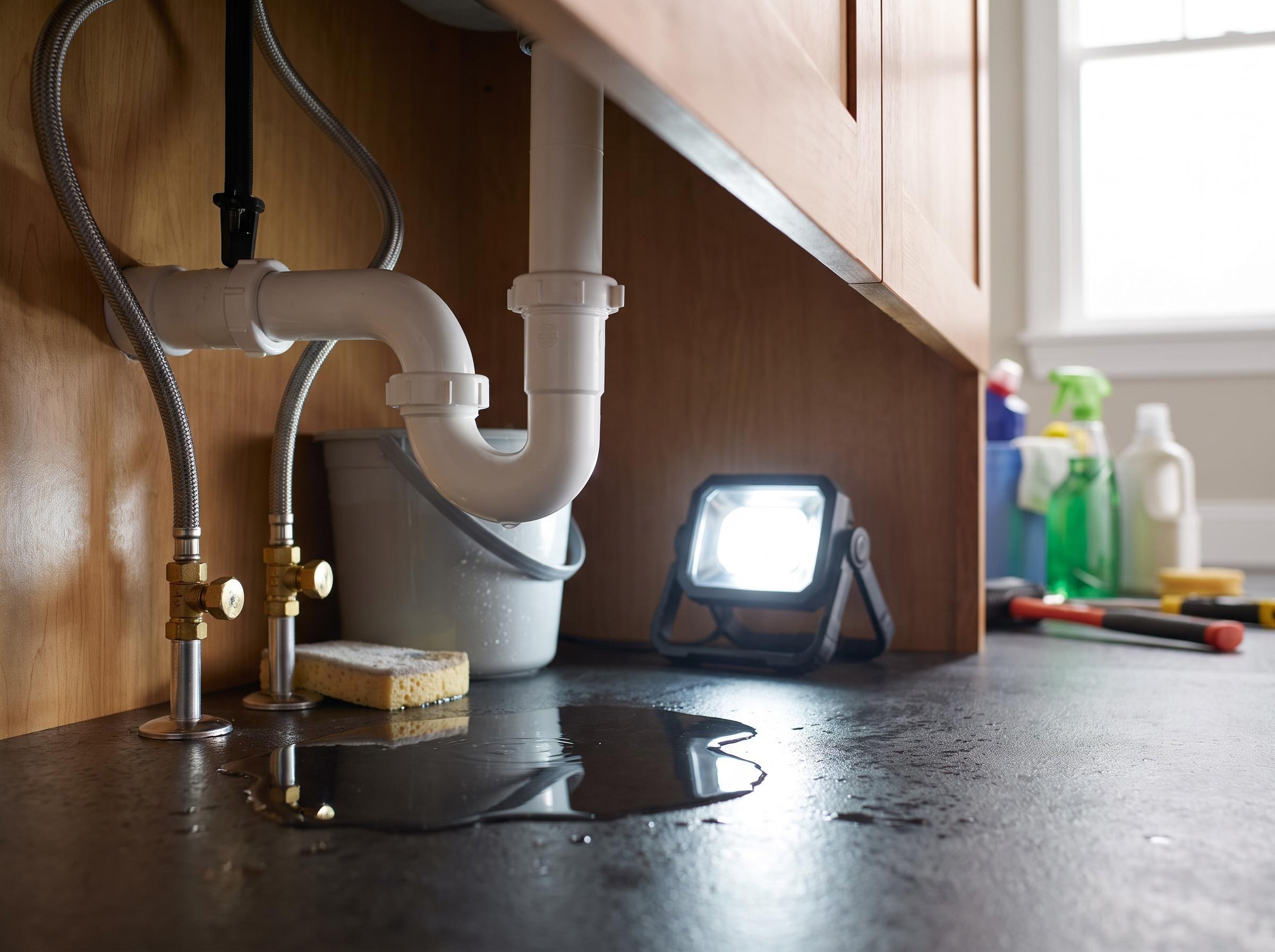 Puddle under a kitchen sink with trap and supply lines visible.
