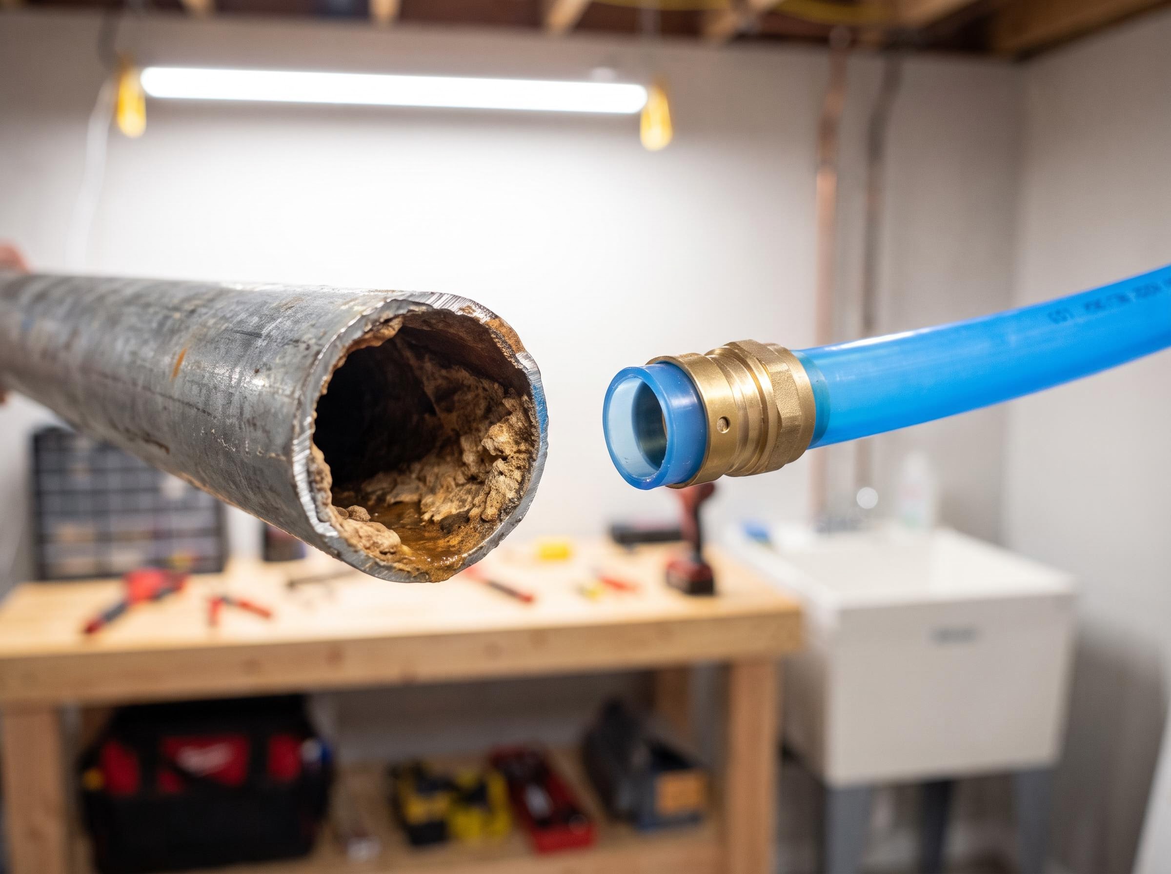 Cut galvanized pipe showing interior scale next to a new PEX branch.