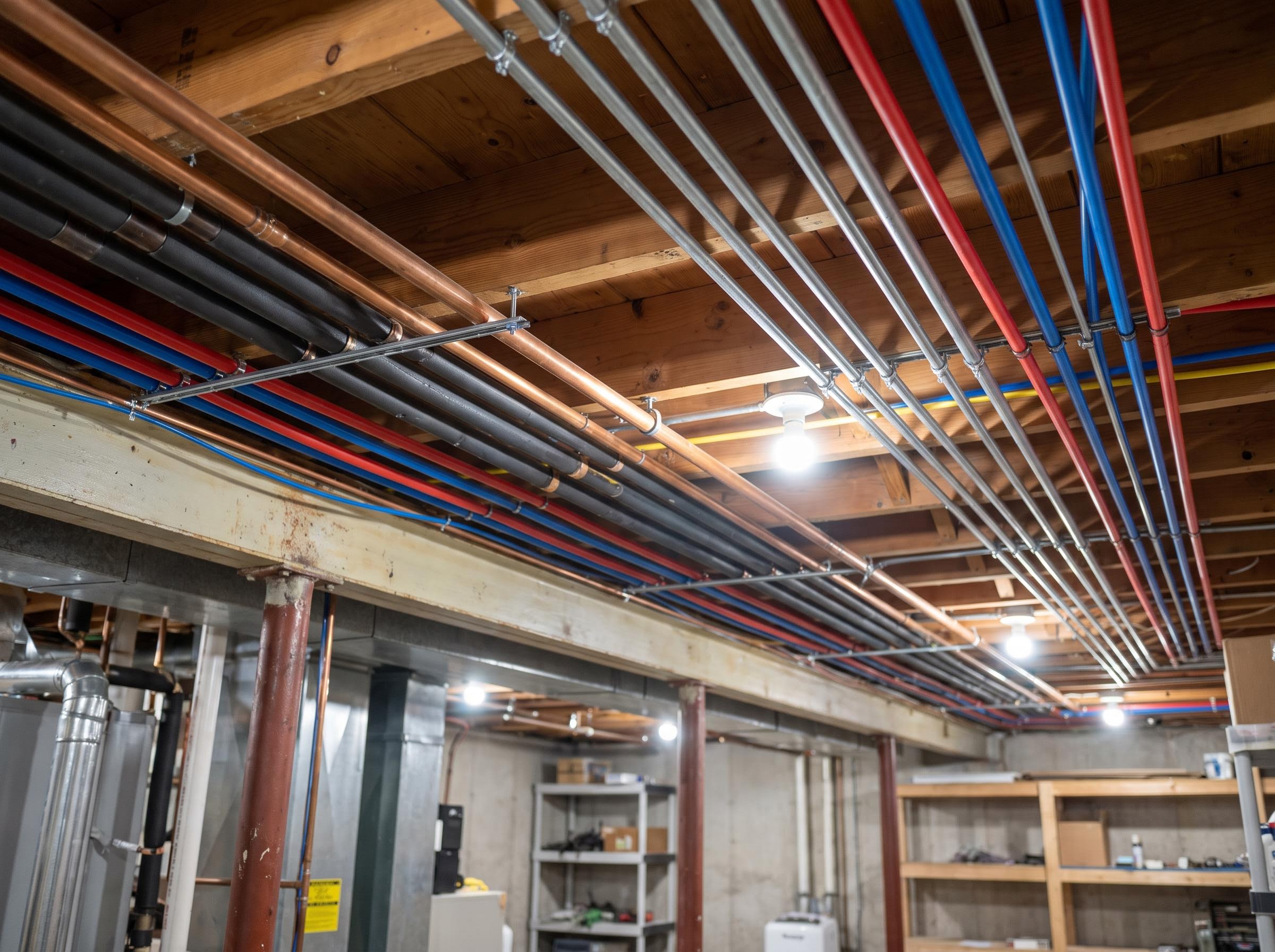 Basement ceiling: mixed galvanized, copper, and PEX supply runs.
