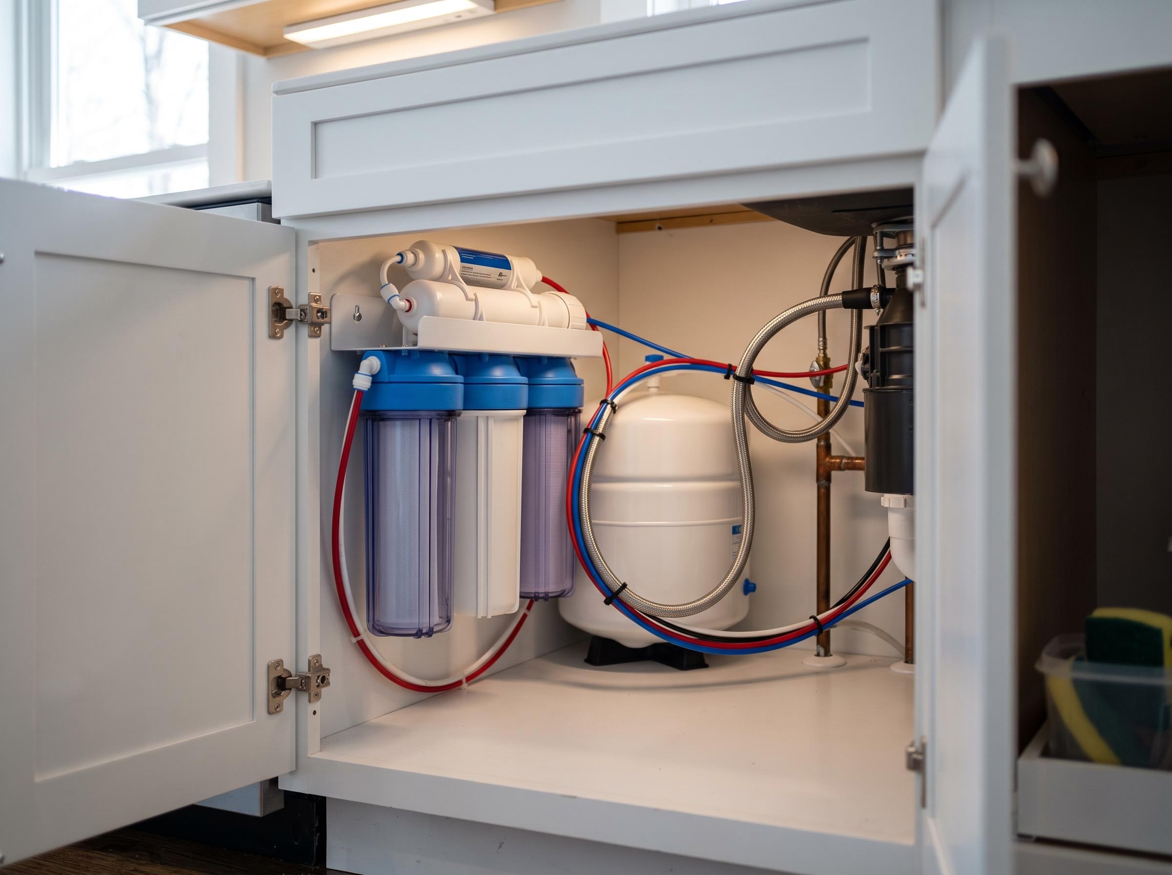 Under-sink reverse-osmosis canisters and storage tank in a kitchen cabinet.