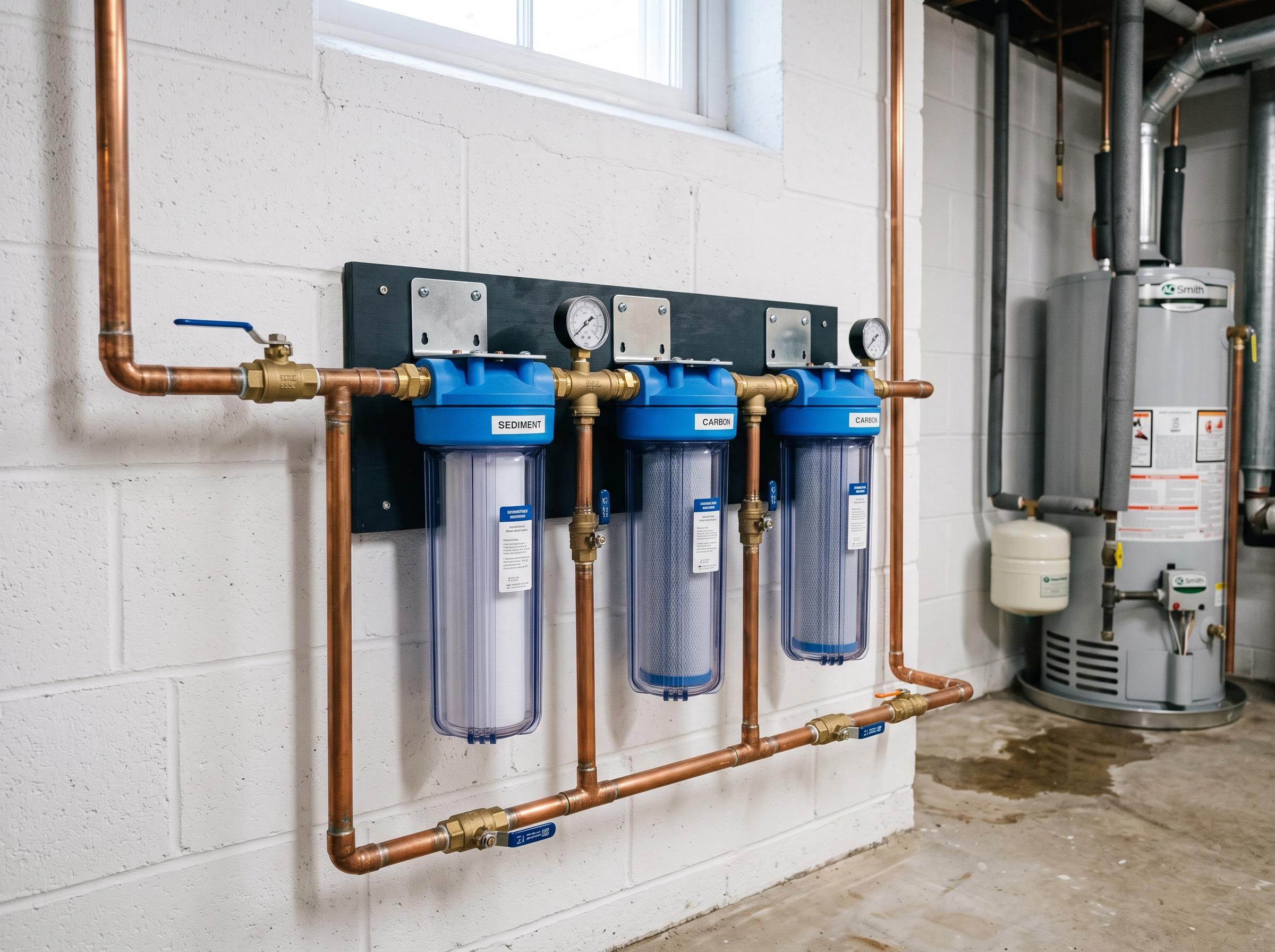 Whole-house filter canisters on a basement supply line with shutoff valves.