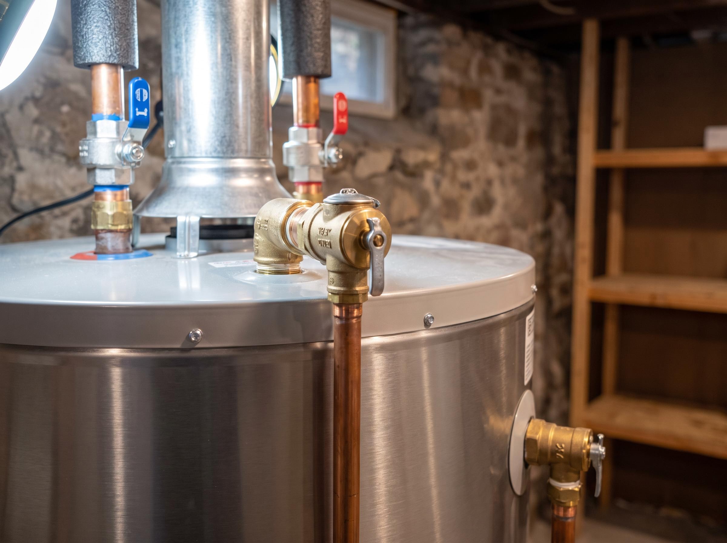 Close-up of supply lines and T&P valve on a residential water heater