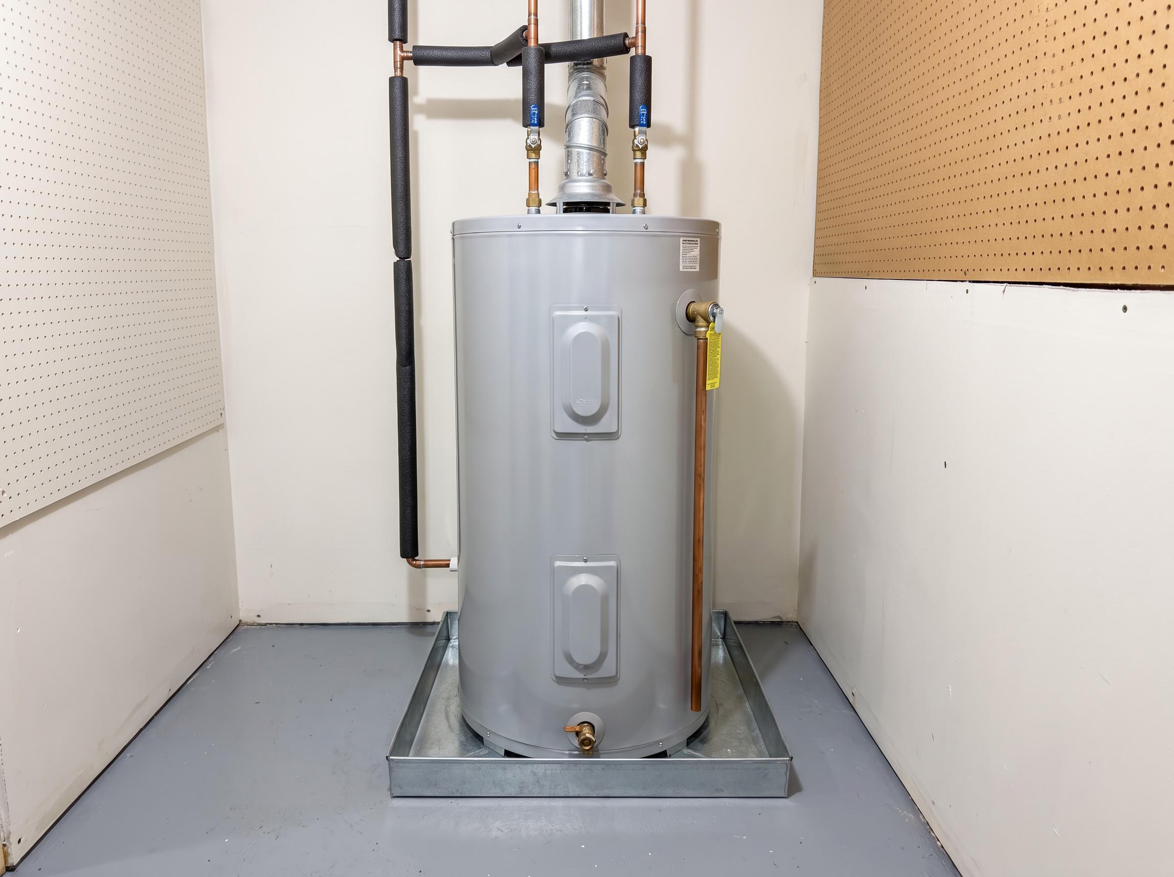 Residential tank water heater and piping in a basement