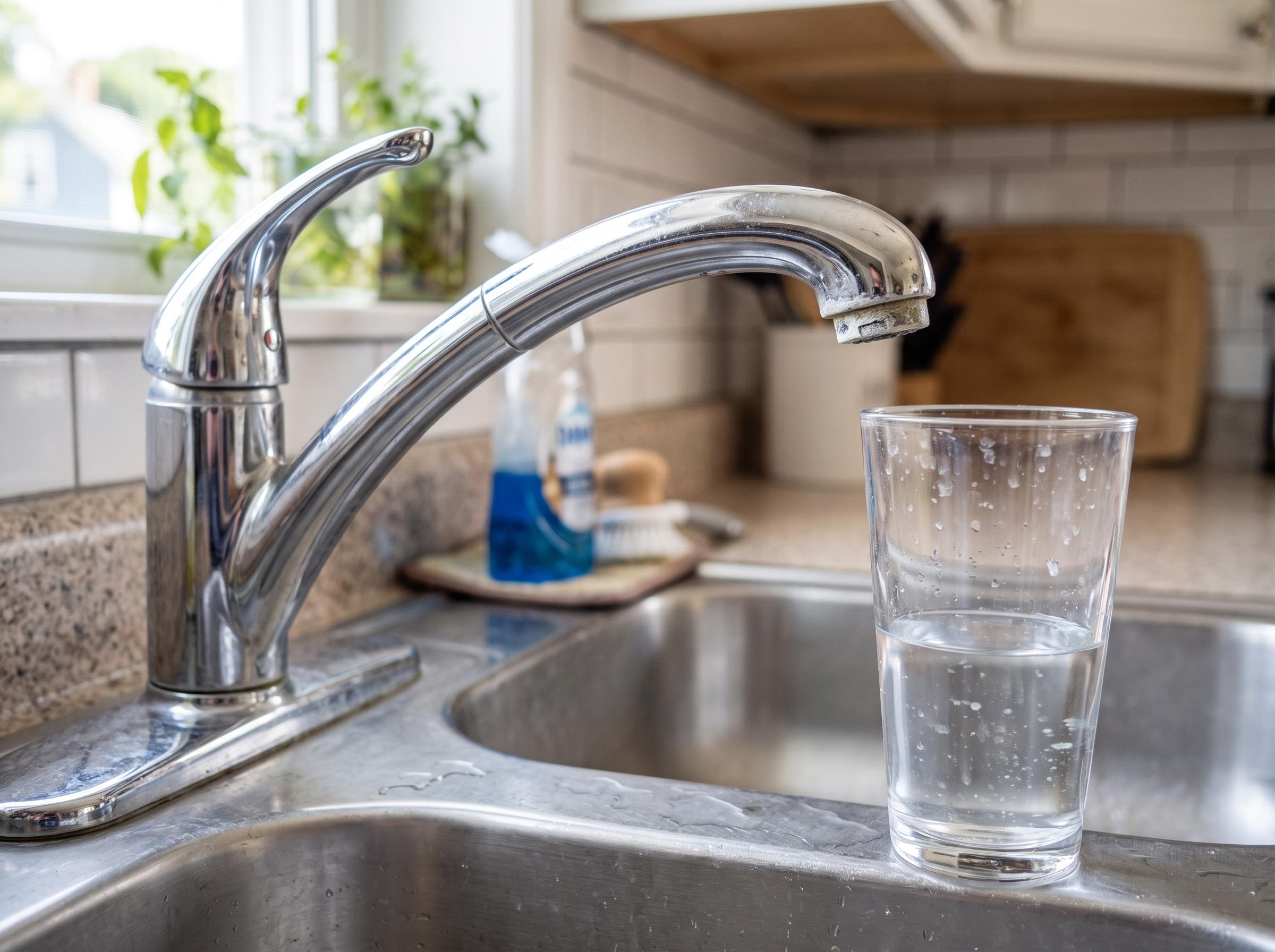 Kitchen faucet with mineral scale on the aerator and spotted glass nearby.