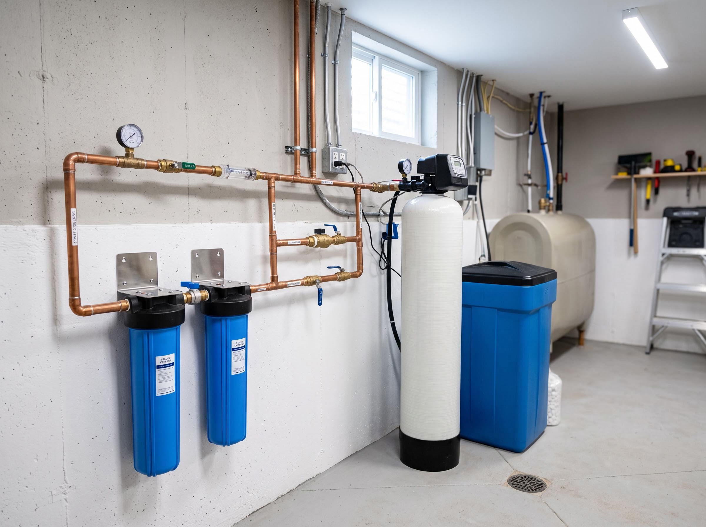 Basement water-softener tank, brine drum, and whole-house filter canisters on supply lines.