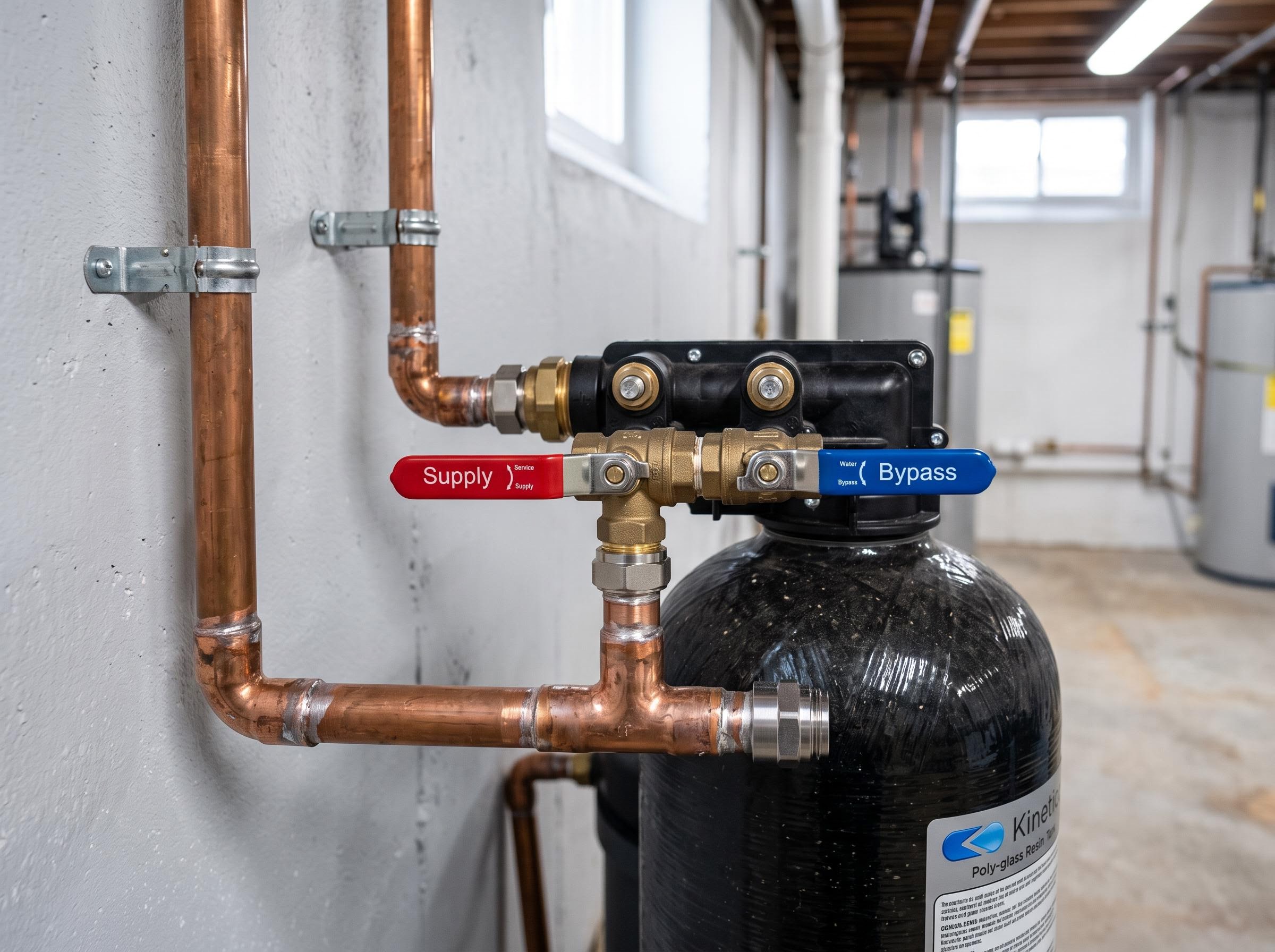 Close-up of a water-softener bypass valve and copper fittings on a resin tank.
