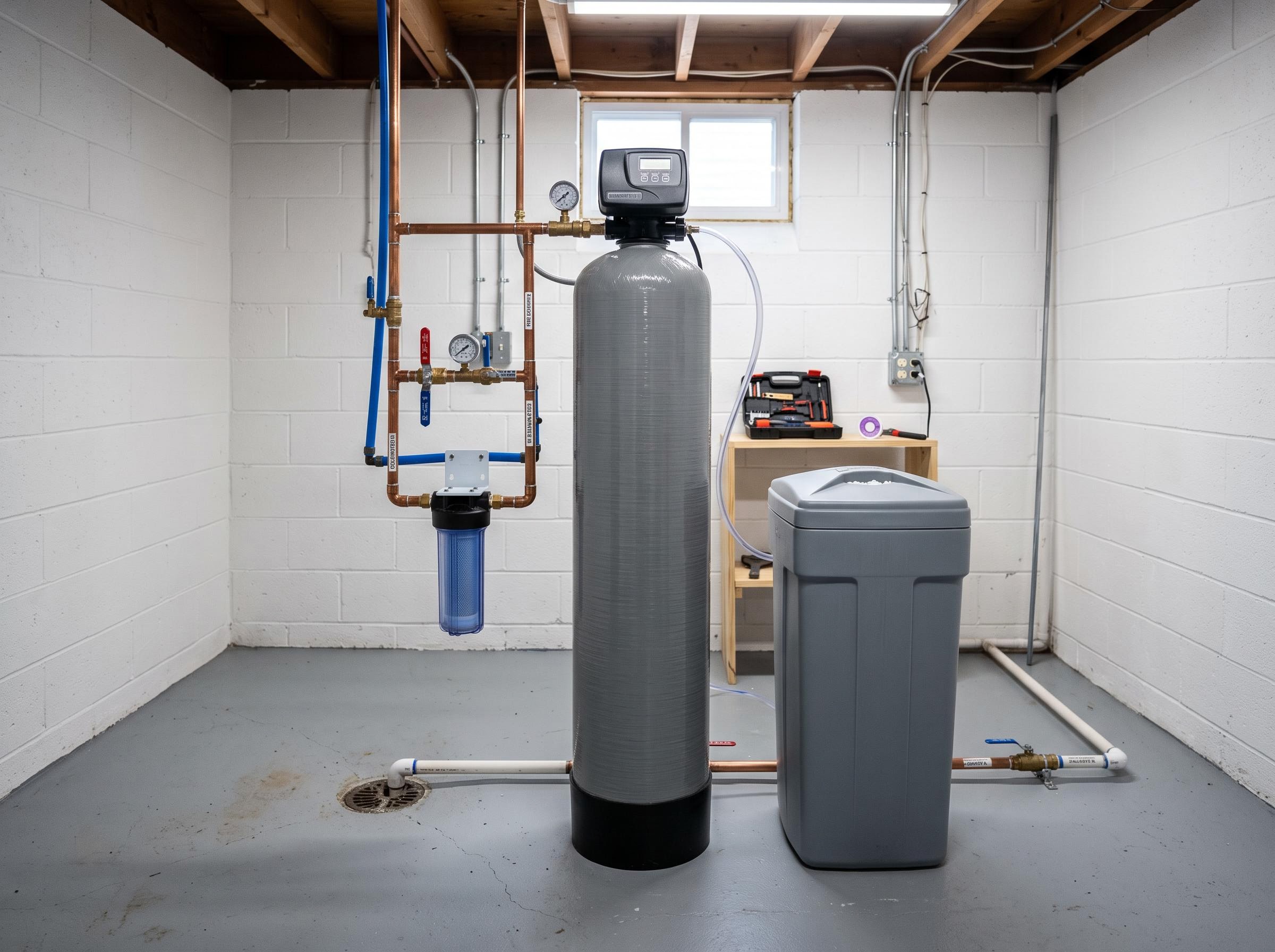 Water-softener tank and brine drum in a tidy basement utility room.